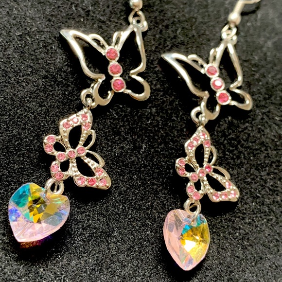 Butterfly Earrings with Pink Rhinestones - Picture 3 of 4